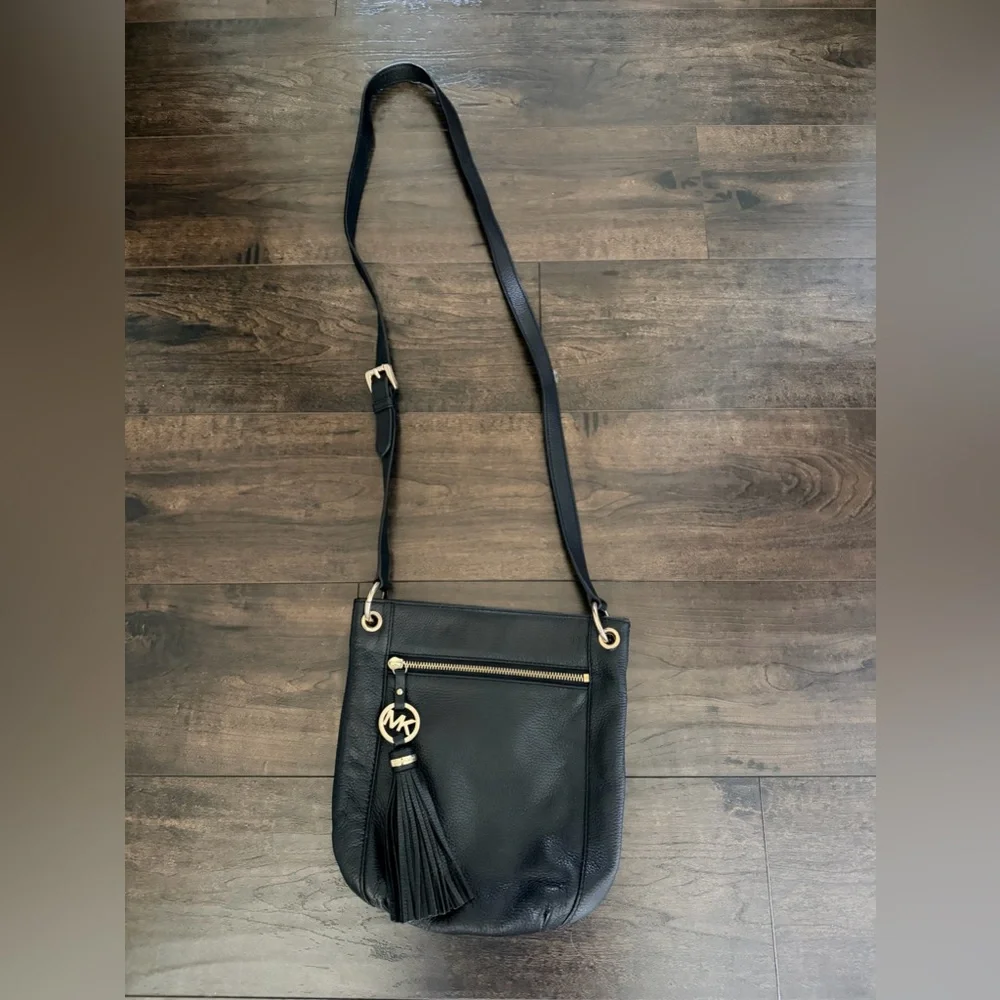 MK Genuine Leather Black Tassel Charm Crossbody
